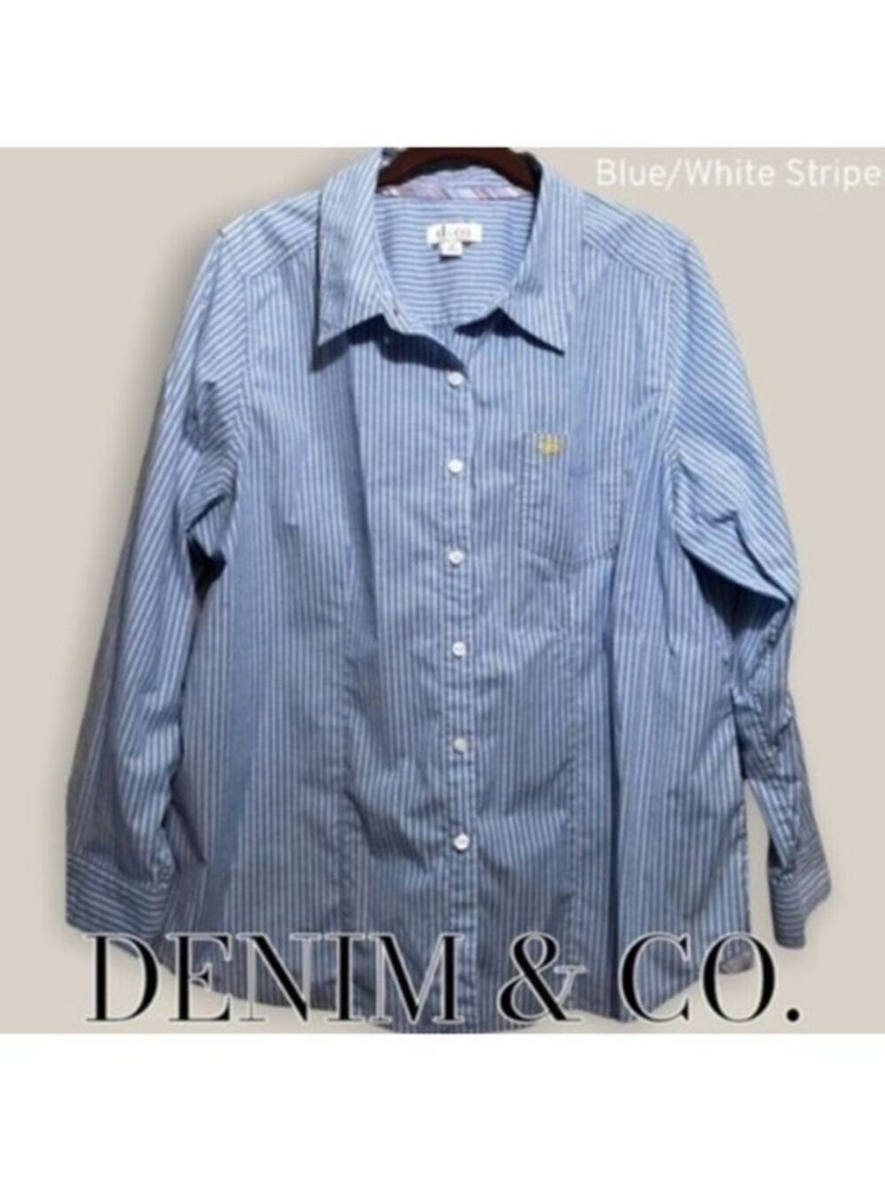DENIM & CO Blue/White Striped Long Sleeve Button Down-NWOT/Size 1x